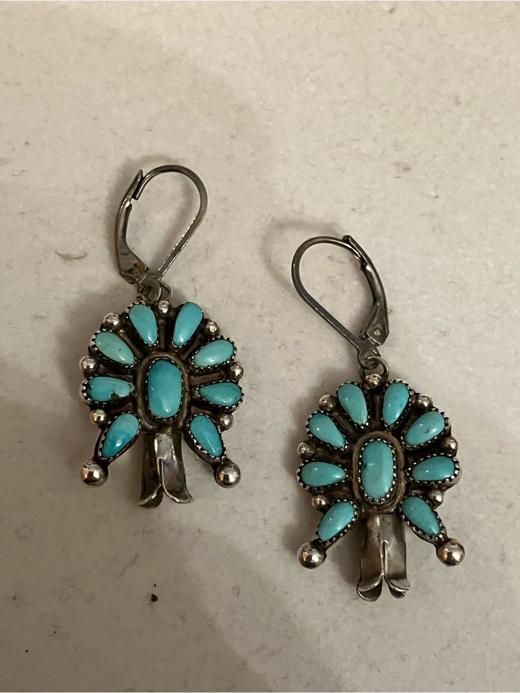 Authentic Navajo Handmade Sleeping Beauty Turquoise Squash Blossom Earrings